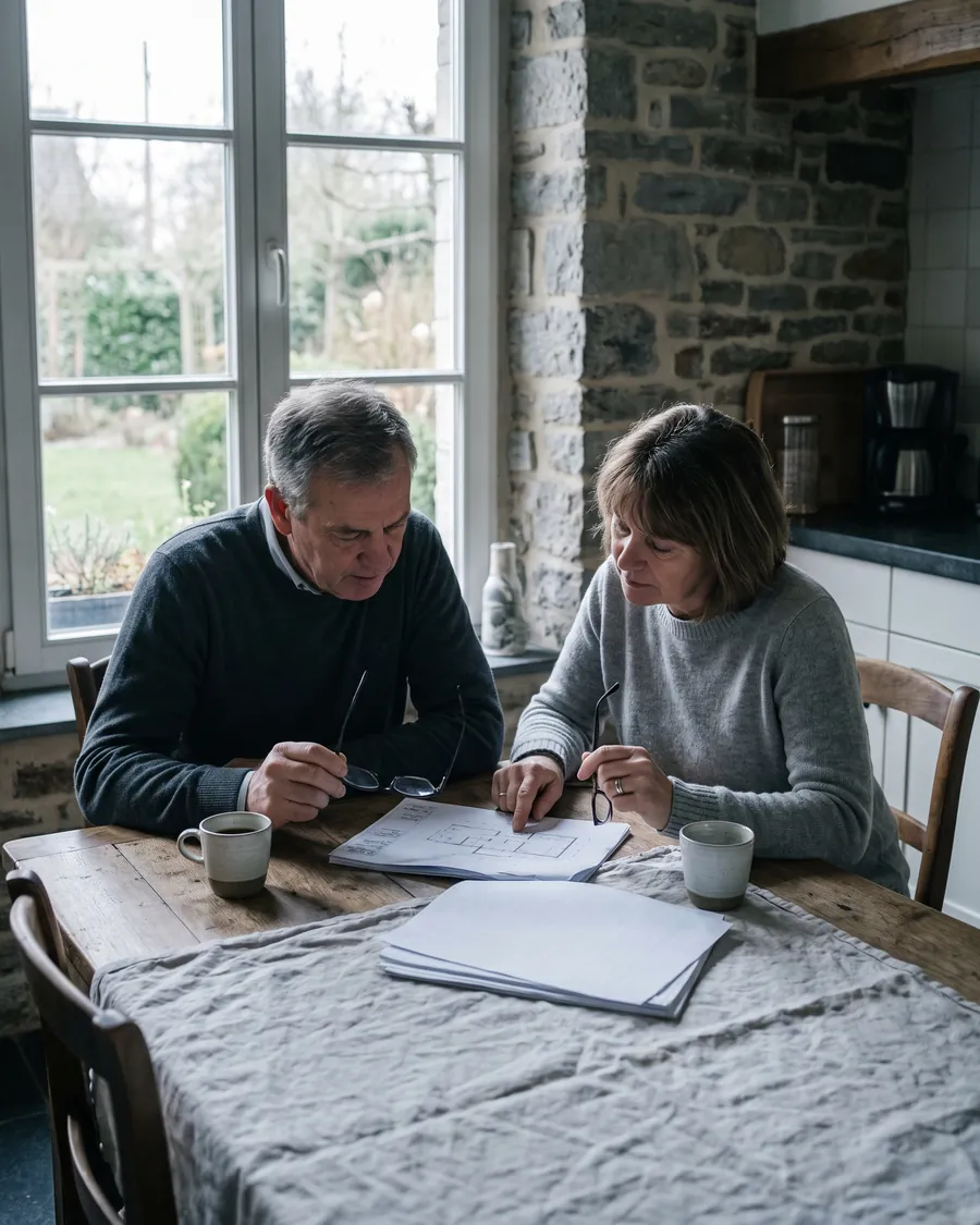 Un couple examine un devis de rénovation à la table de sa cuisine