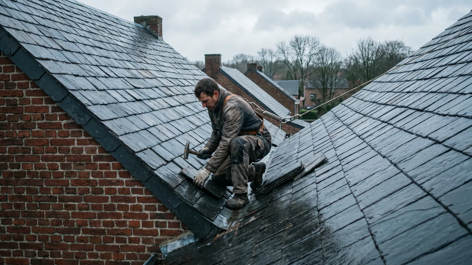 Couvreur posant des ardoises sur une maison wallonne